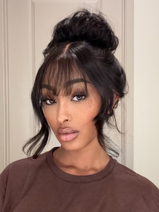 7x5 ByeBye Knots™ Black Fluffy Natural Loose Wave Curtain Bangs Wig