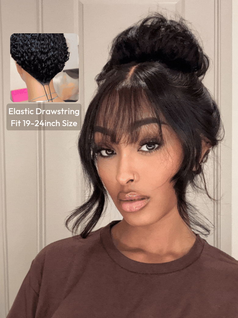 7x5 ByeBye Knots™ Bouncy Black Fluffy Natural Loose Wave Curtain Bangs Wig