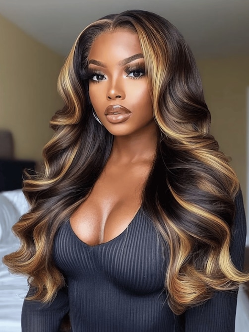 7x5 Lace Bye-Bye Knots Wig Loose Wave Butterscotch Highlights Brown Wig 150% Density