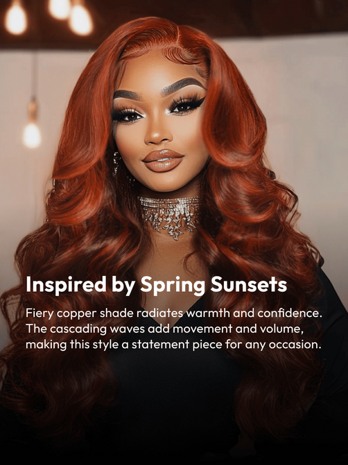 ByeBye Knots 7x5 Lace Red Orange Highlights Wig with Face Framing Layers Loose Wave 150% Density