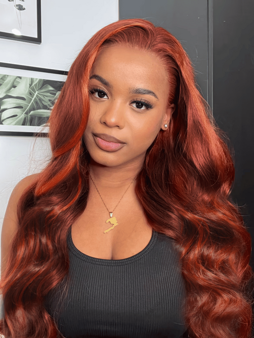 ByeBye Knots 7x5 Lace Red Orange Highlights Wig with Face Framing Layers Loose Wave 150% Density