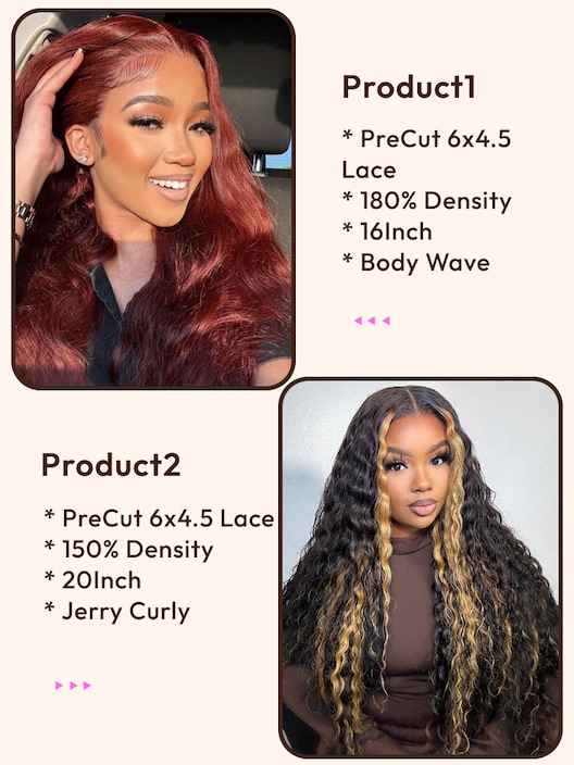 2 Wigs $221 for PreCut 6x4.5 Lace Blonde Highlight Curly Hair 20Inch and 180% Density PreCut 6x4.5 Lace Reddish Brown Body Wave 16Inch