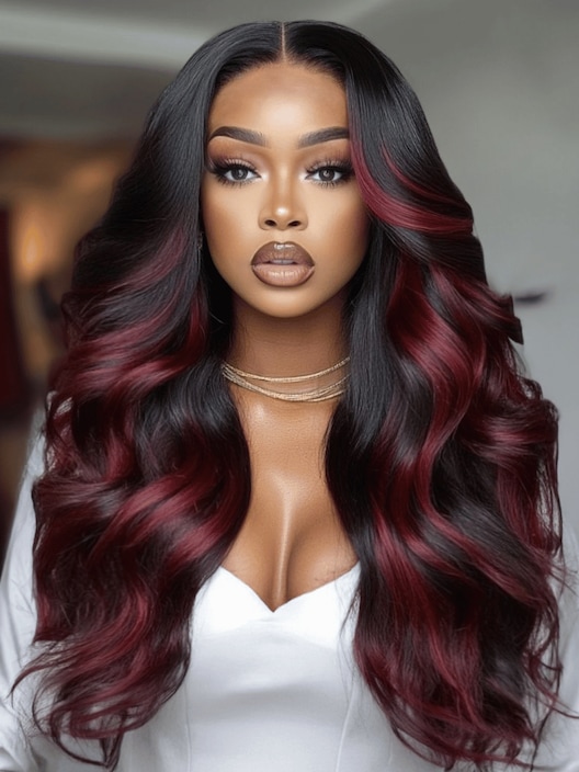 UNice Bye-Bye Knots 7x5 Lace Loose Wave Burgundy Highlights Wig with Face Framing Layers