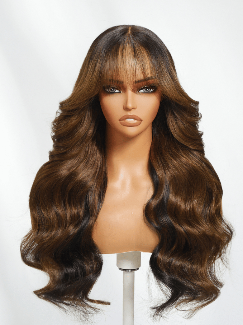 [18''=$89]7x5 Black Brown Money Piece Fluffy Loose Wave Curtain Bangs Wig