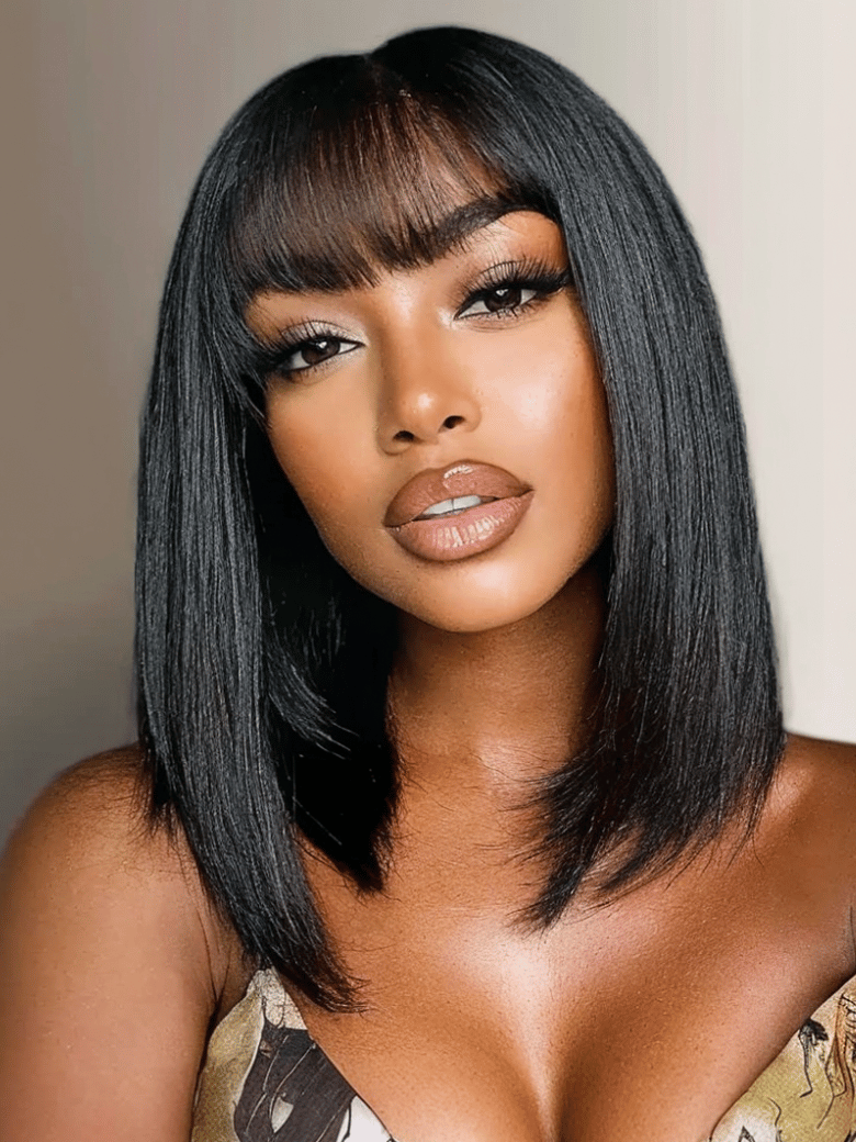 UNice 2x4 Lace Closure Yaki Straight Bob Wig with Chinese Bangs 150% Density