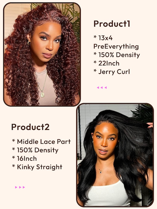 2 Wigs $192 for 22" Reddish Brown 13x4 PreEverything Lace Front Curly Wig And 16" Middle Lace Part Kinky Straight Wig