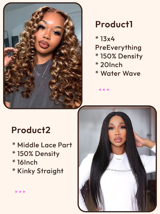 2 Wigs $172 for 20" Honey Blonde 13x4 PreEverything Lace Front Water Wave Wig & 16" Middle Lace Part Kinky Straight Hair