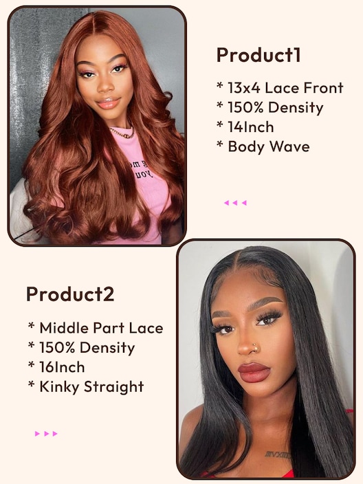 2 Wigs $157 for 16" Middle Lace Part Kinky Straight Wig and 14" Reddish Brown 13x4 Lace Front Body Wave Wig