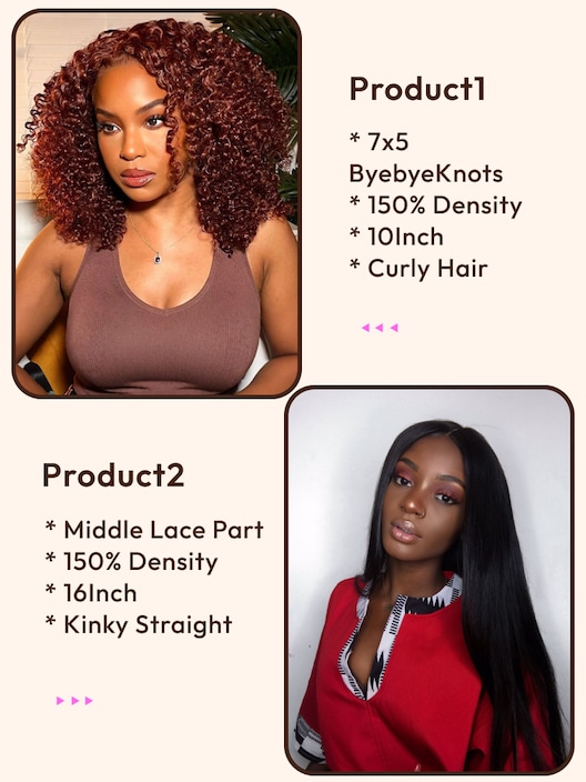 2 Wigs $150 for 16" Middle Lace Part Kinky Straight Wig & 10" Byebye Knots 7x5 Lace Reddish Brown Curly Wig