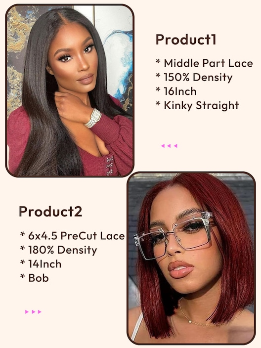 2 Wigs $165 for 16" Middle Lace Part Kinky Straight Wig and 14" Reddish Brown PreCut 6x4.5 Lace Bob Wig