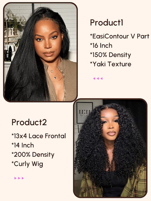 2 Wigs $169 for 200% Density 13x4 Lace Frontal Curly Hair Wig and EasiContour V Part Glueless Yaki Wig
