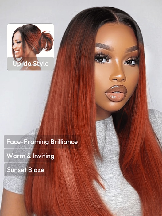 UNice Bye-Bye Knots 7x5 Lace Burnt Orange with Dark Roots Layered Straight Wig