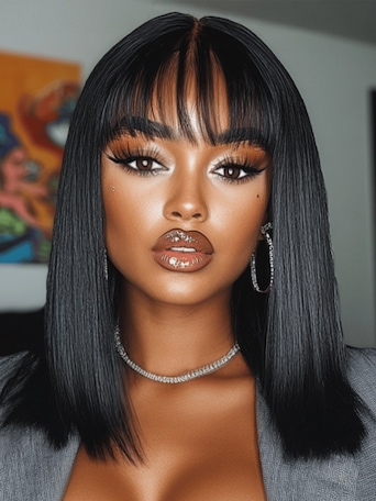 UNice 2x4 Lace Closure Yaki Straight Bob Wig with Chinese Bangs 150% Density