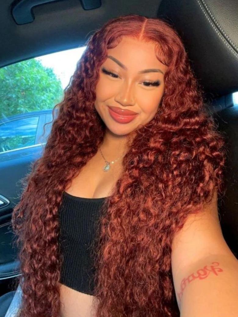 [24"=$105] PreCut 4x4 Lace Closure Water Wave Wig Ombre Auburn & Reddish Brown 2 Styles In 1 Put On And Go Wig