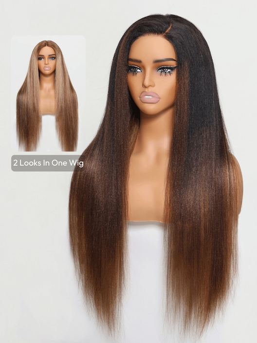 Double Wear 4x4 Yaki Straight Wig Ombre Chestnut Brown & Honey Blonde Higlight 2 Styles In 1 Put On And Go Wig
