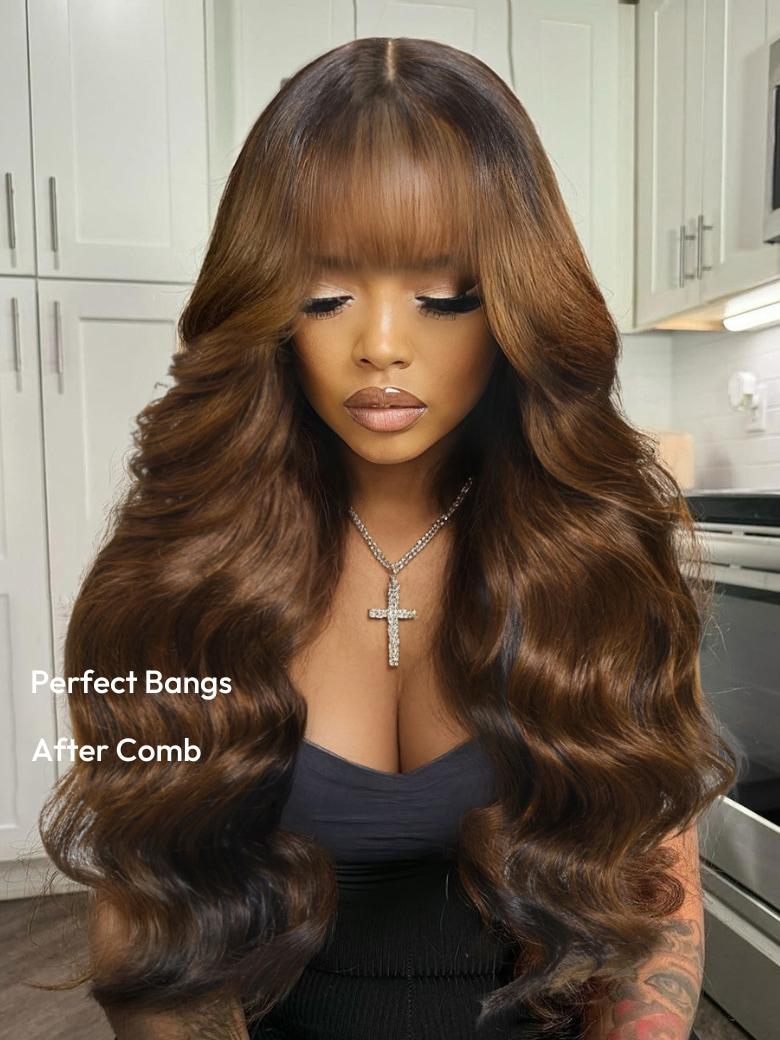 UNice Bye-Bye Knots 13x4 Black with Brown Money Piece Natural Fluffy Loose Wave Curtain Bangs Wig