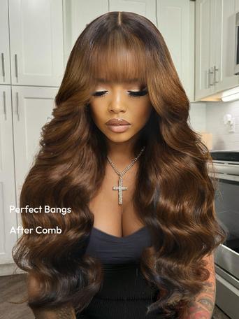 UNice Bye-Bye Knots 13x4 Black with Brown Money Piece Natural Fluffy Loose Wave Curtain Bangs Wig