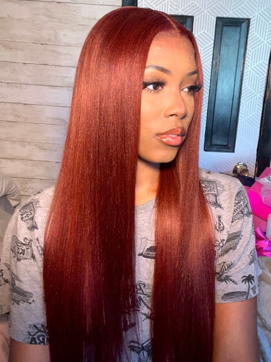 Bye Bye Knots Wig 7x5 Glueless Lace Reddish Brown Yaki Wig With Pre-plucked Hairline Bouncy 150% Density