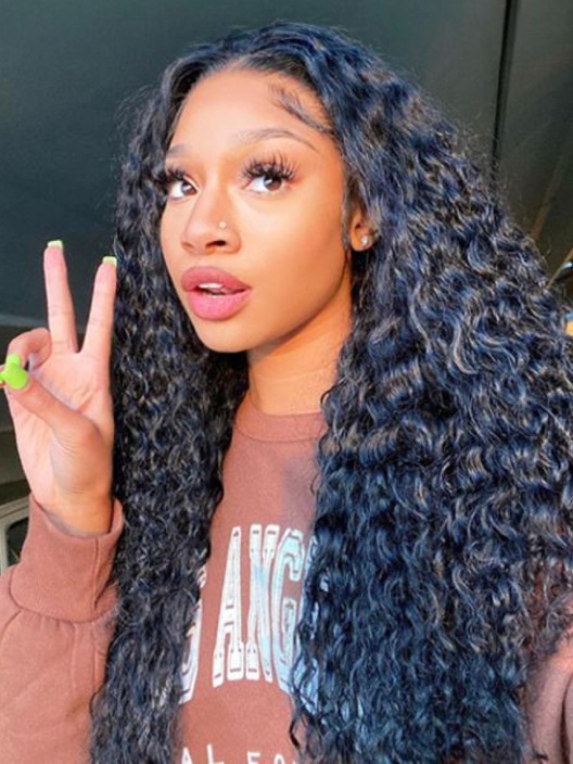 [22"=$99] Kinky Curly Super Bouncy Middle Lace Part Natural Black Human Hair Wigs