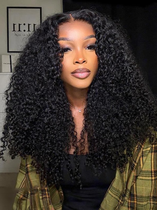 [22"=$99] Kinky Curly Super Bouncy Middle Lace Part Natural Black Human Hair Wigs