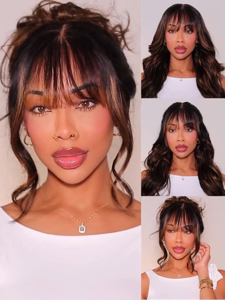 UNice 7x5 Bye Bye Knots & 13x4 Pre-Everything™ Lace Frontal Balayage Highlights Fluffy Natural Loose Wave Curtain Bangs Wig