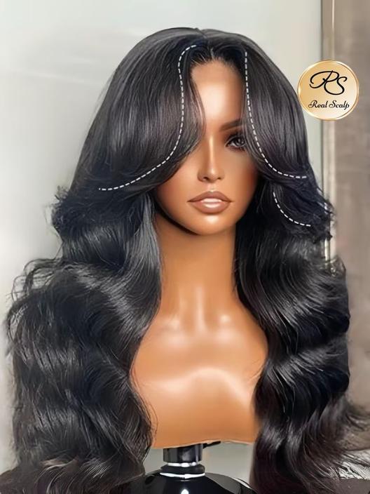 The UNice Real Scalp Wig 13x4 Invisible Lace Frontal Loose Wave with Face Framing image highlights RealScalp, a wig with a long wavy hairline and loose wave texture.