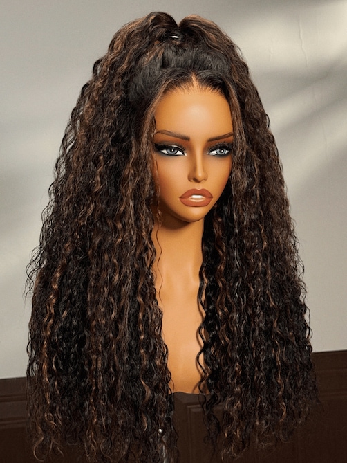 UNice Bye-Bye Knots 7x5 Lace Water Wave Black Wig With Golden Brown Highlights