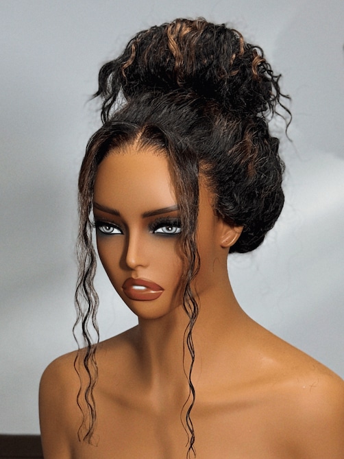 UNice Bye-Bye Knots 7x5 Lace Water Wave Black Wig With Golden Brown Highlights