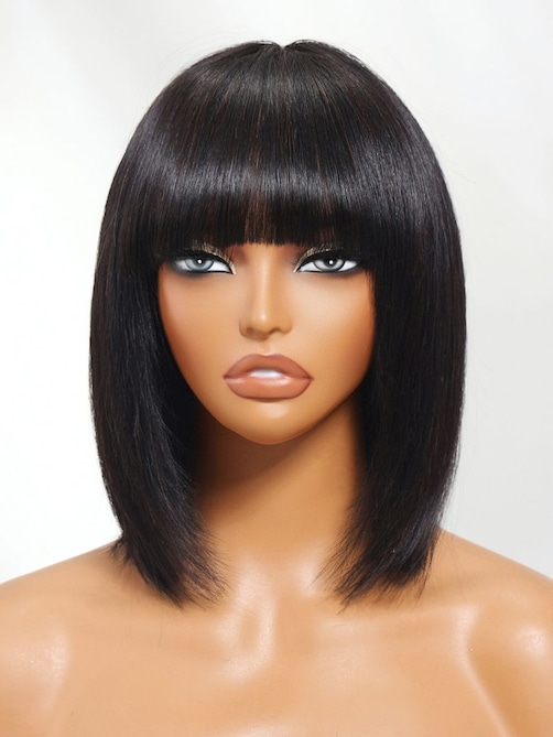 UNice Black Yaki Wig Human Hair Glueless Wig with Blunt Bangs