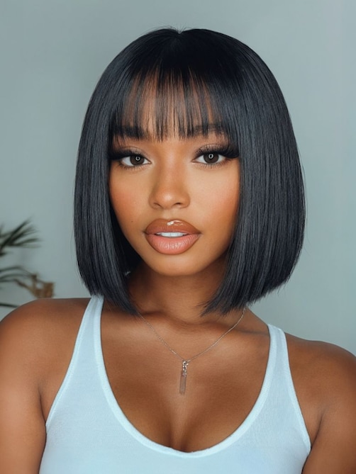UNice Black Yaki Wig Human Hair Glueless Wig with Blunt Bangs
