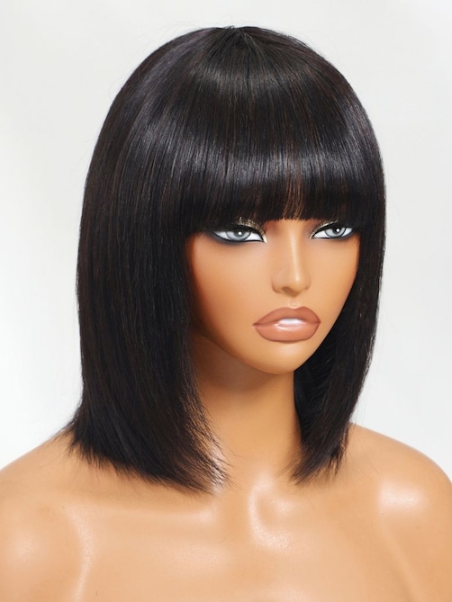UNice Black Yaki Wig Human Hair Glueless Wig with Blunt Bangs