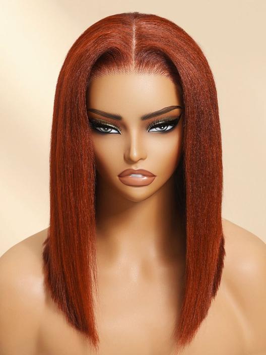 A model displays the UNice Bye Bye Slip 7x5 Lace Reddish Brown Yaki Bob Wig, showing a model with long red hair and yaki texture, reddish brown, 7x5.