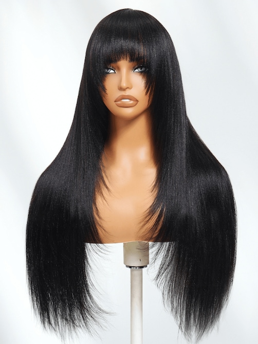 Black Yaki Wig Human Hair Glueless Wig with Blunt Bangs 150% Density