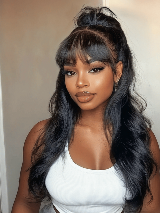 7x5 Bye Bye Knots™ 180% Density Black Fluffy Natural Loose Wave Curtain Bangs Wig