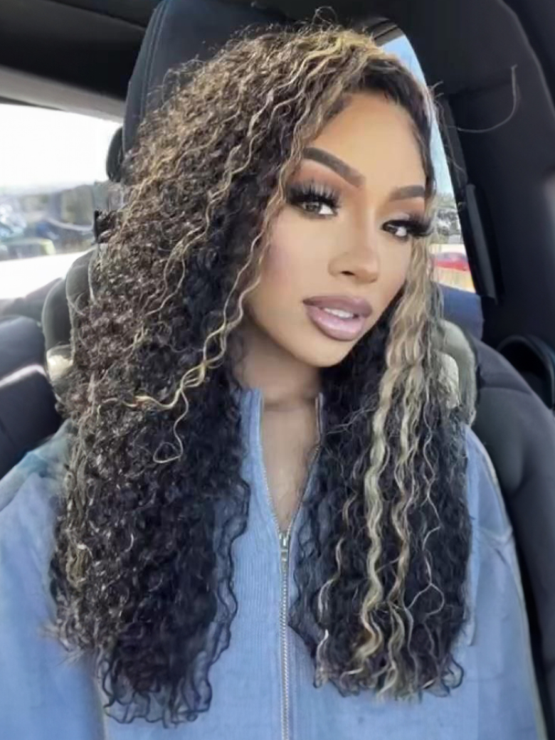 [22"=$112] 180% Density Pre-Cut 6x4.5 Glueless Lace Honey Brown Highlights Jerry Curly Wig With Bleached Knots