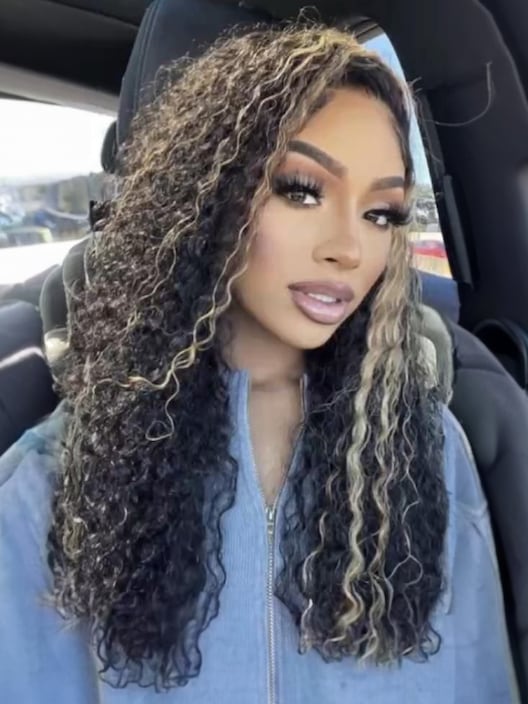 [22"=$113] Pre-Cut 6x4.5 Glueless Lace Honey Brown Highlights Jerry Curly Wig With Bleached Knots 180% Density