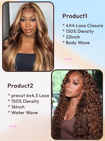 2 Wigs $89 for 22" 4x4 Lace Closure Honey Blonde Body Wave and 16" Precut 6x4.5 Lace Piano Highlight Water Wave Wig