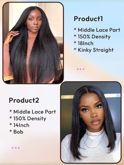2 Wigs $129 for 18" Middle Lace Part Kinky Straight Hair and 14" Lace Part Bob Wig