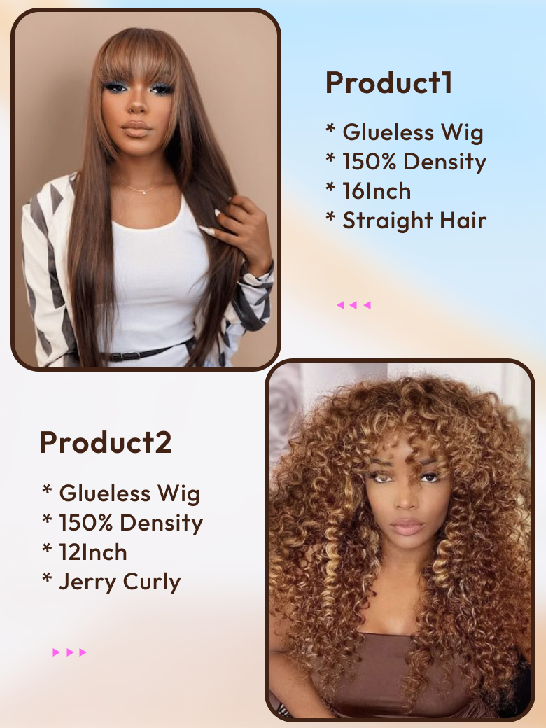 2 Wigs $156 for 16" Straight Hair with Bang and Highlight 12" Short Curly Wig