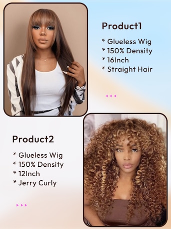 2 Wigs $156 for 16" Straight Hair with Bang and Highlight 12" Short Curly Wig
