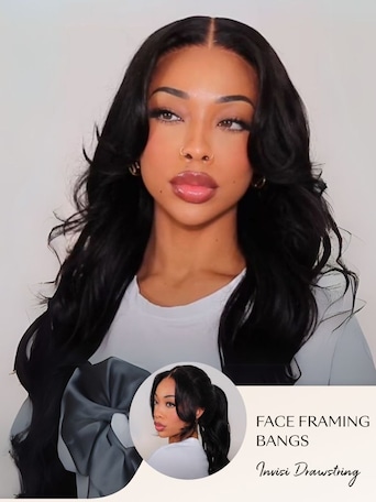 UNice HD Real Scalp™ Wig 13x4 Invisible Lace Frontal Body Wave Black Wig & Wig With Face Framing Curtain Bangs With Invisi Drawstring