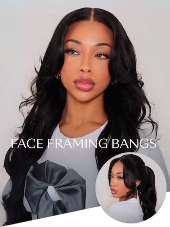 UNice HD Real Scalp™ Wig 13x4 Invisible Lace Frontal Body Wave Black Wig & Wig With Face Framing Curtain Bangs With Invisi Drawstring