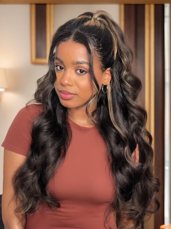 UNice 7x5 Bye Bye Knots™ Glueless Lace Wig Black With Blonde Highlights 3D Body Wave Bleached Knots
