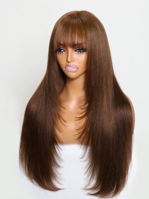 UNice 2x4 Lace Closure Yaki Straight Bob Wig with Chinese Bangs 150% Density