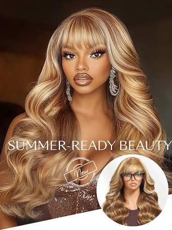 UNice 13x4 Pre-Everything™ Lace Frontal Honey Blonde Highlights Fluffy Loose Wave Curtain Bangs Wig