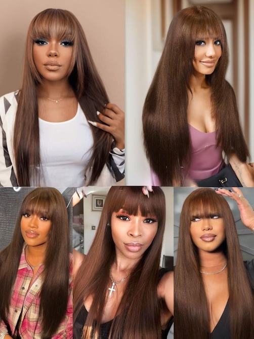 UNice 2x4 Lace Closure Yaki Straight Bob Wig with Chinese Bangs 150% Density