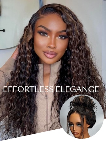 UNice Bye-Bye Knots 7x5 Lace Water Wave Black Wig With Golden Brown Highlights