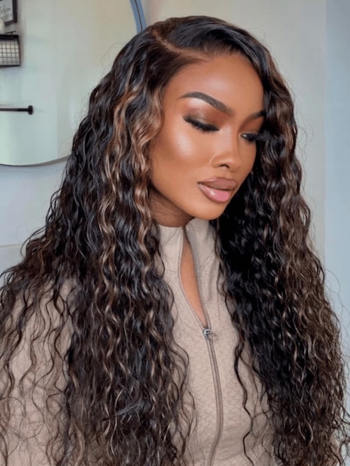 UNice Bye-Bye Knots 7x5 Lace Water Wave Black Wig With Golden Brown Highlights