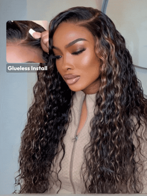 UNice Bye-Bye Knots 7x5 Lace Water Wave Black Wig With Golden Brown Highlights
