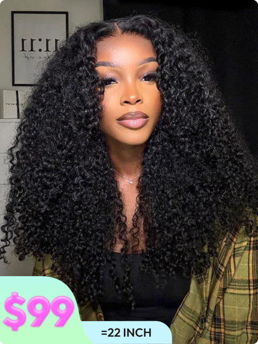 [22"=$99] Kinky Curly Super Bouncy Middle Lace Part 13x4 Frontal Lace Natural Black Human Hair Wigs